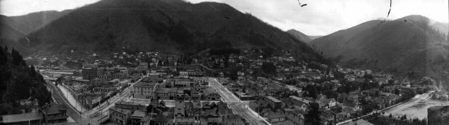 Distant view of the city of Wallace. Panoramic photograph of Wallace, Idaho.
