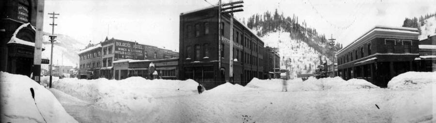 Snow covered streets downtown Wallace. Panoramic photograph of Wallace, Idaho.  Street scene in Winter.