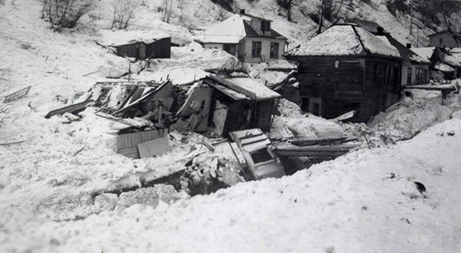Damaged homes after the snow slide in Mace, Idaho.