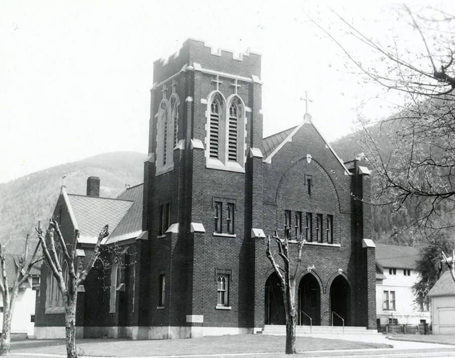 Exterior view of St. Alphonsus Catholic Church, located in Wallace, Idaho.
