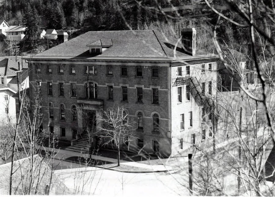 Exterior of the Our Lady of Lourdes Academy building in Wallace, Idaho. The school was founded by the Sisters of Providence in 1906. The high school operated through the 1961-1962 school year; grades 1-6 were offered until 1971.