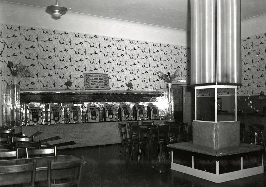 A view of the inside of the Veterans Club in Wallace, Idaho, with slot machines lining the back wall.