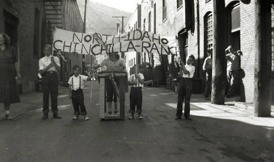 A group of children in costume, carrying a banner reading "North Idaho Chinchilla Ranch" during the Elks Parade in Wallace, Idaho.