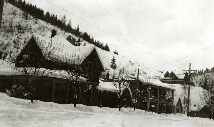 Residential houses covered in snow in Wallace, Idaho.