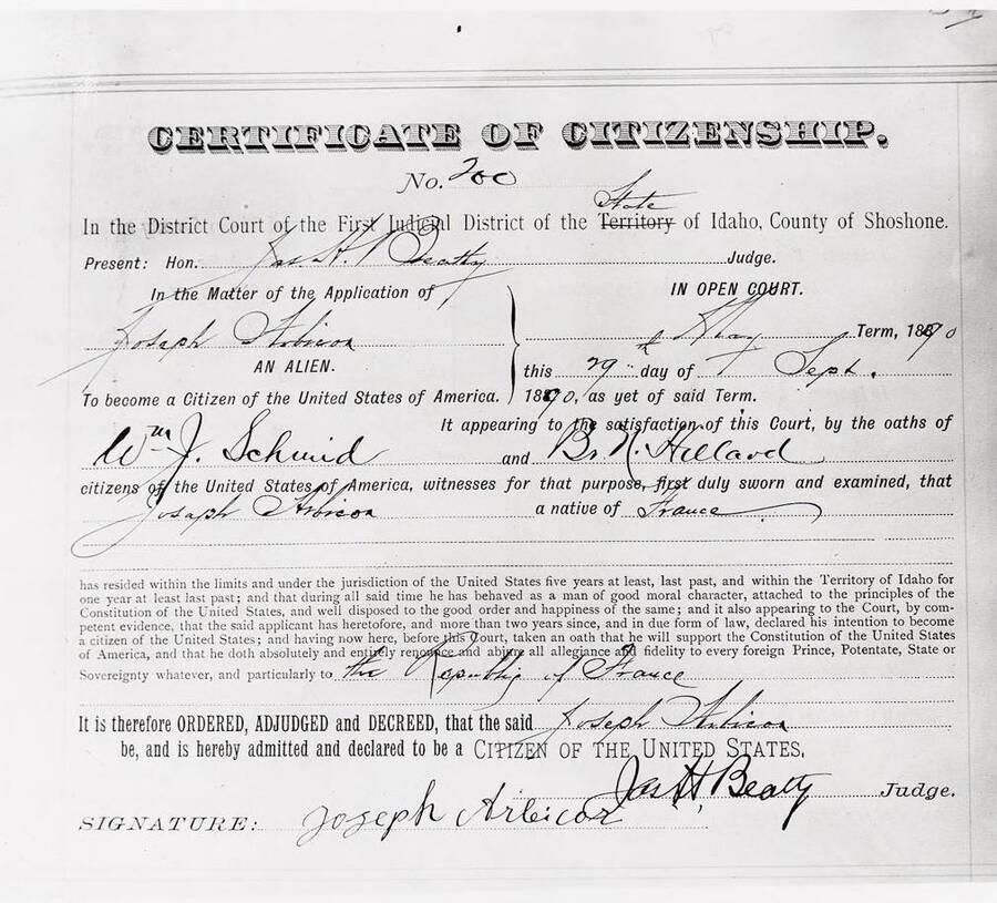 Image is a copy of the citizenship certificate for Joseph Arbicor.