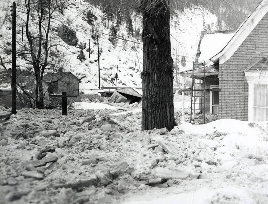 Buildings and the surrounding area covered in snow at the Ice Jam, which is east of Wallace, Idaho.