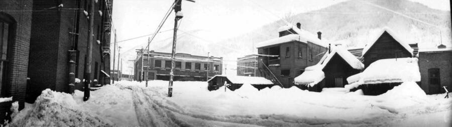 Snow covered streets in Wallace. Panoramic photograph of Wallace, Idaho.
