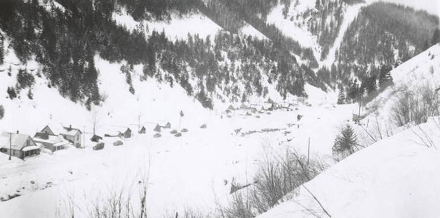 A view from a hillside of the damage caused by the snow slide in Mace, Idaho.