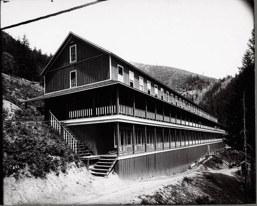 Exterior side view of the Snowstorm boarding house in Mullan. This facility was built to house area miners.