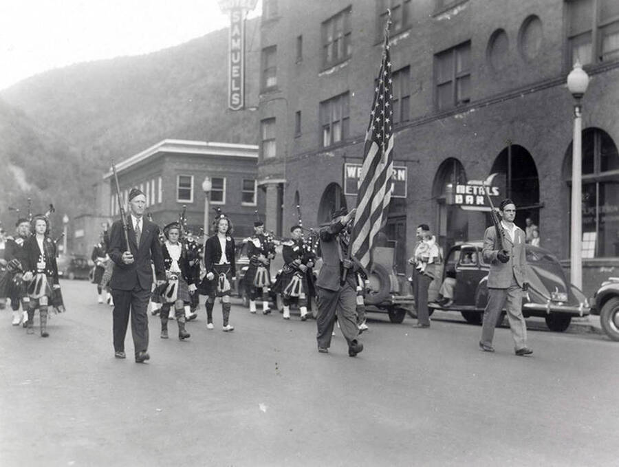 A group of bagpipers playing in the Slippery Gulch parade in Wallace, Idaho.