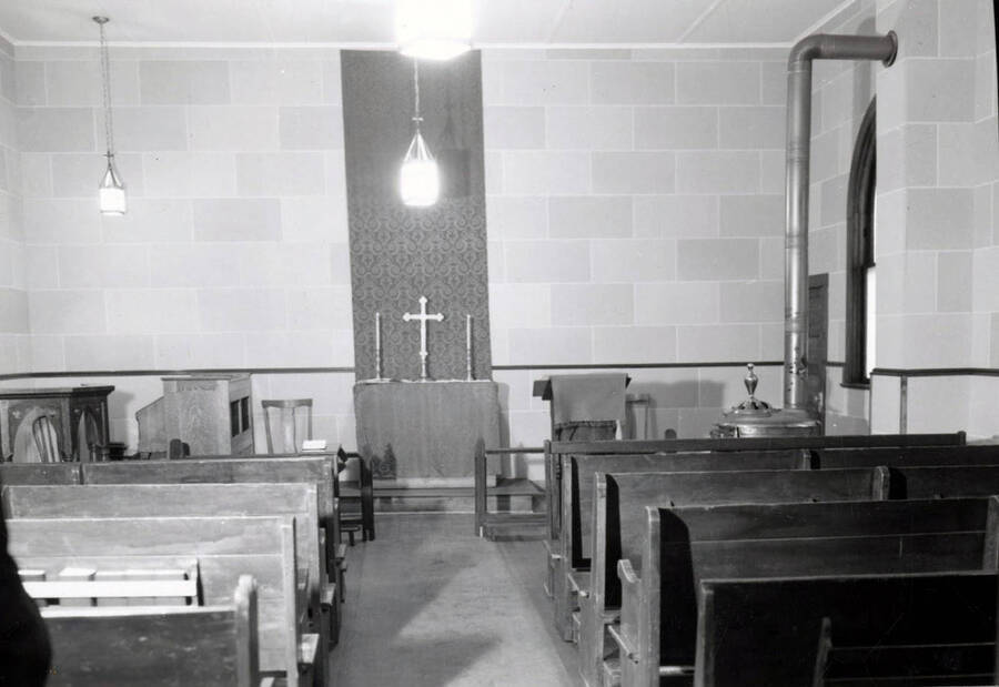 A shot of the interior of St. Andrews Episcopal Church in Mullan, Idaho. Possibly printed backwards.
