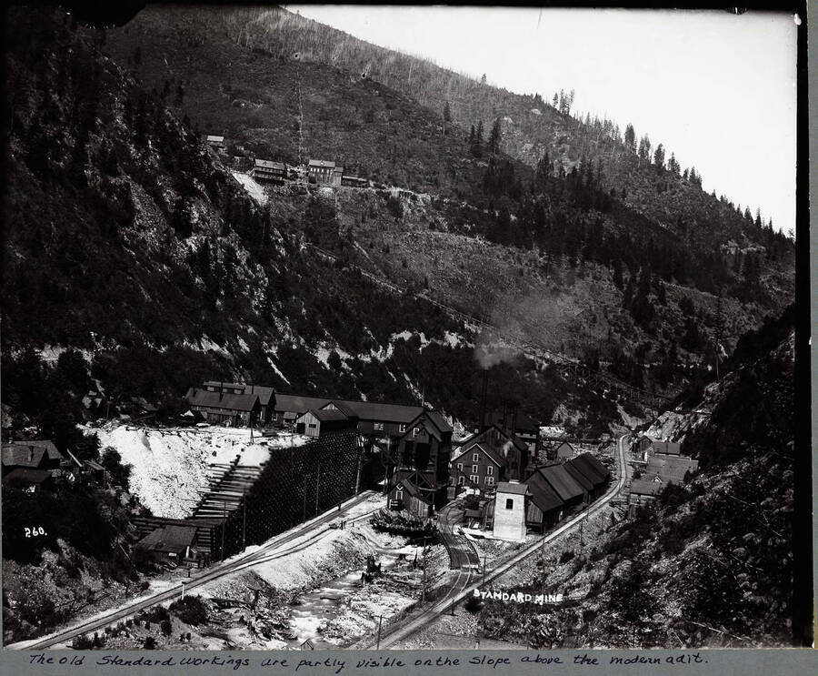 Distant view of the Standard Mine. This image shows the two railroad tracks leading up the gulch, with Canyon Creek running down the center.