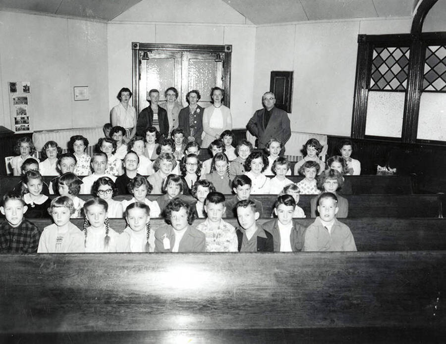 Group photo of the children at Bible School in Wallace, Idaho.