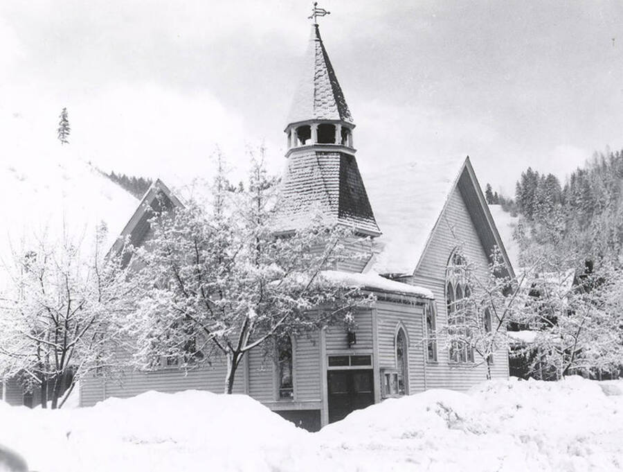 Methodist Church in Wallace, Idaho, covered in Snow.