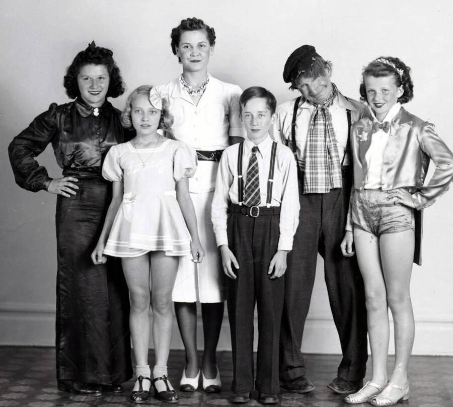 A group portrait of contestants in a talent show at the Grand Theatre in Wallace, Idaho.