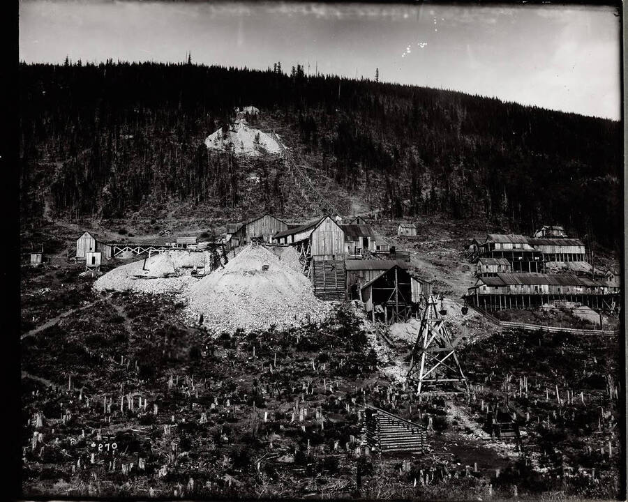 Image of the Snowstorm Mill. This view shows several wooden buildings and a large waste dump. Many tiny tree stumps cover the hillside.