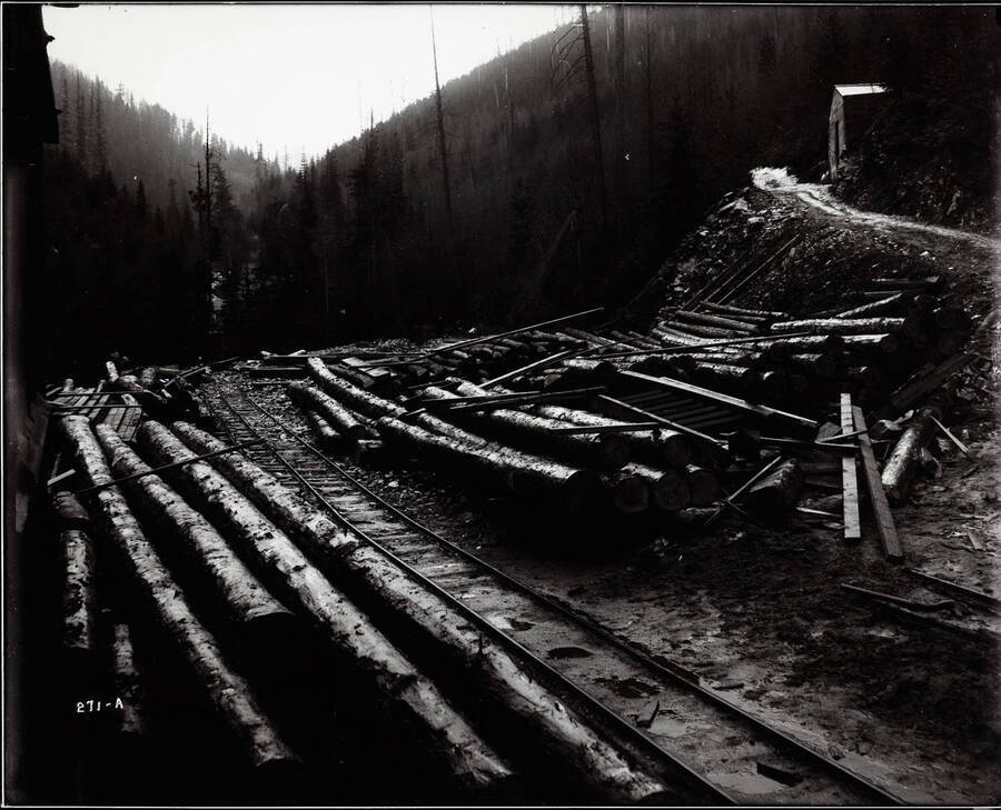 Large piles of logs surround the railroad tracks at the Success Mine, near Wallace.