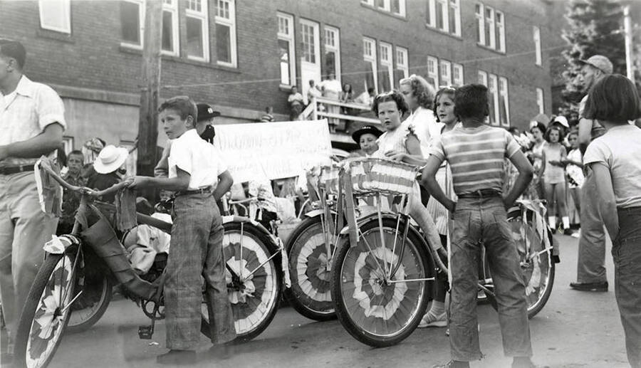 Children on decorated bikes during the 49'er Parade in Mullan, Idaho.