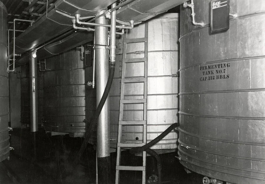 A view of the fermenting tanks inside the Sunset Brewery building in Wallace, Idaho.