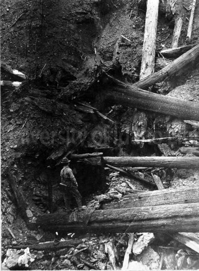 Image shows Mr. Morris at the Pulaski tunnel in Placer Creek. 1910 Forest fire