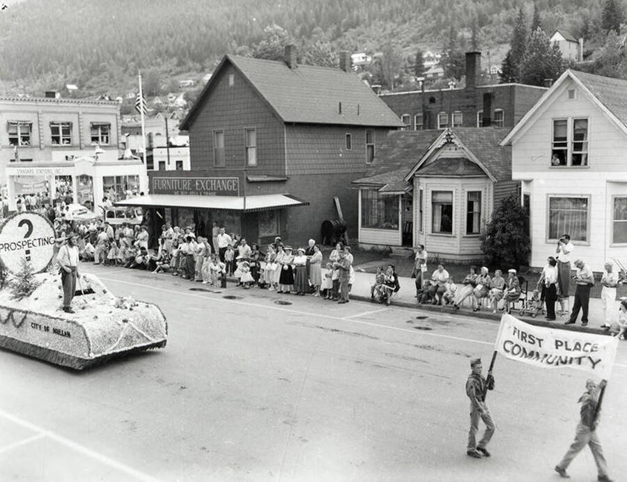 Floats being driven in the Jubilee parade in Wallace, Idaho.