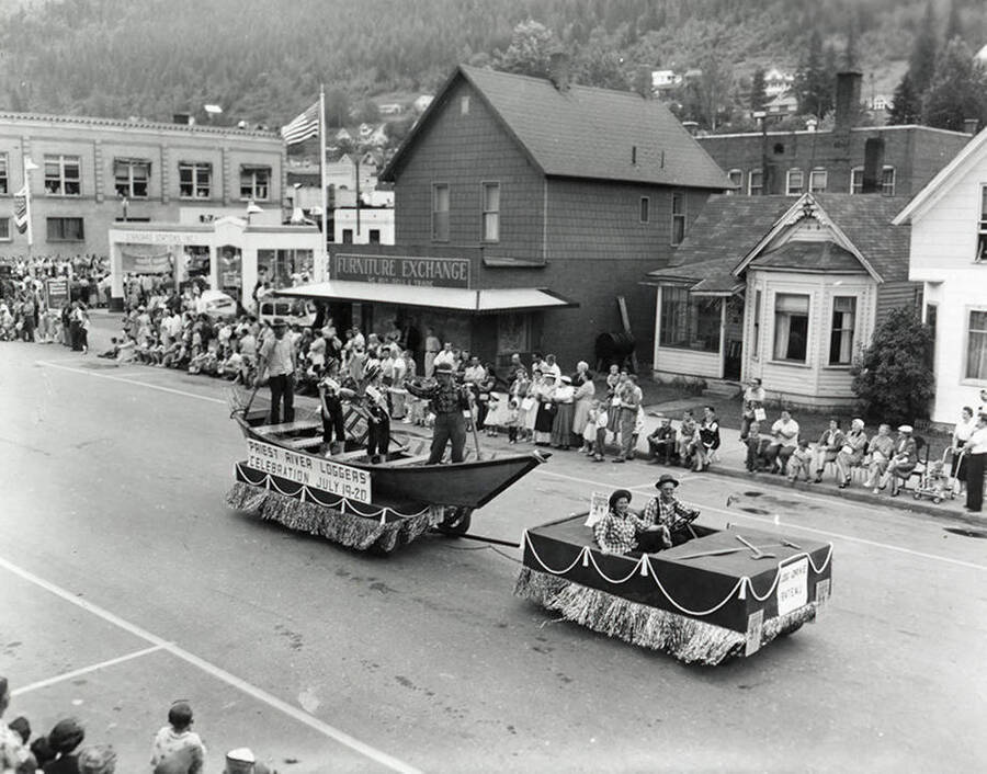 Floats being driven in the Jubilee parade in Wallace, Idaho.