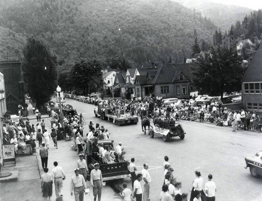 Floats being driven in the Jubilee parade in Wallace, Idaho.