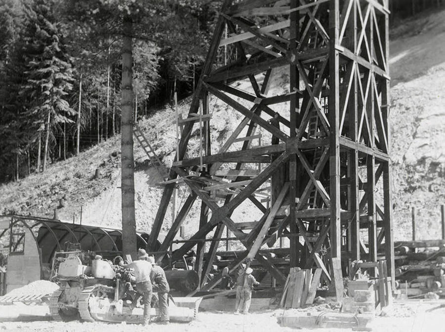 Men working with a hoist at the mine on Rock Creek, west of Mullan, Idaho.