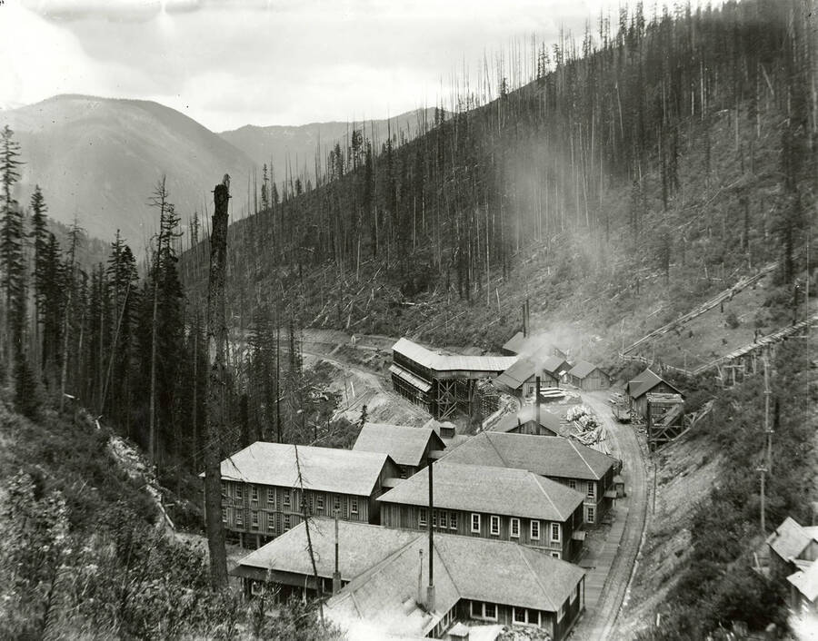 Exterior view of the Morning Mine and boarding house #5 in Mullan, Idaho.