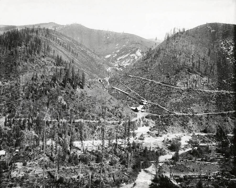 View of Reeder Gulch, located southeast of the town of Murray. The Coeur d'Alene mining district can be seen between the hills.