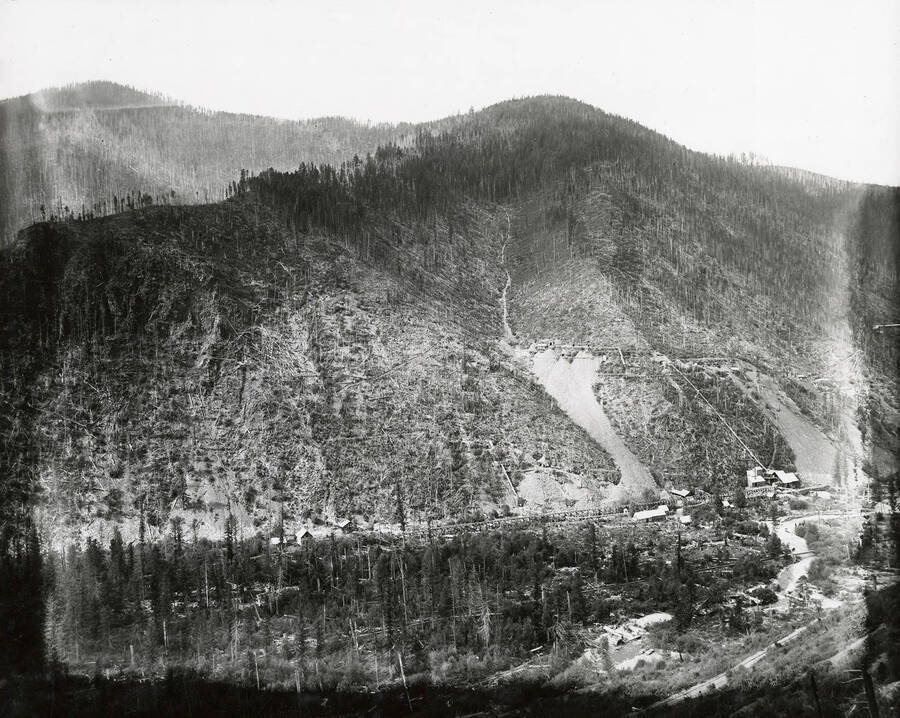 View of the Mother Lode Mill, which is located on the north side of the Coeur d'Alene Mining District. The line of openings can also be seen.