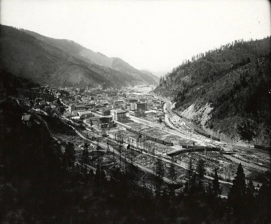 Bird's-eye view of Wallace, Idaho in the aftermath of the "Big Burn" forest fire of 1910.