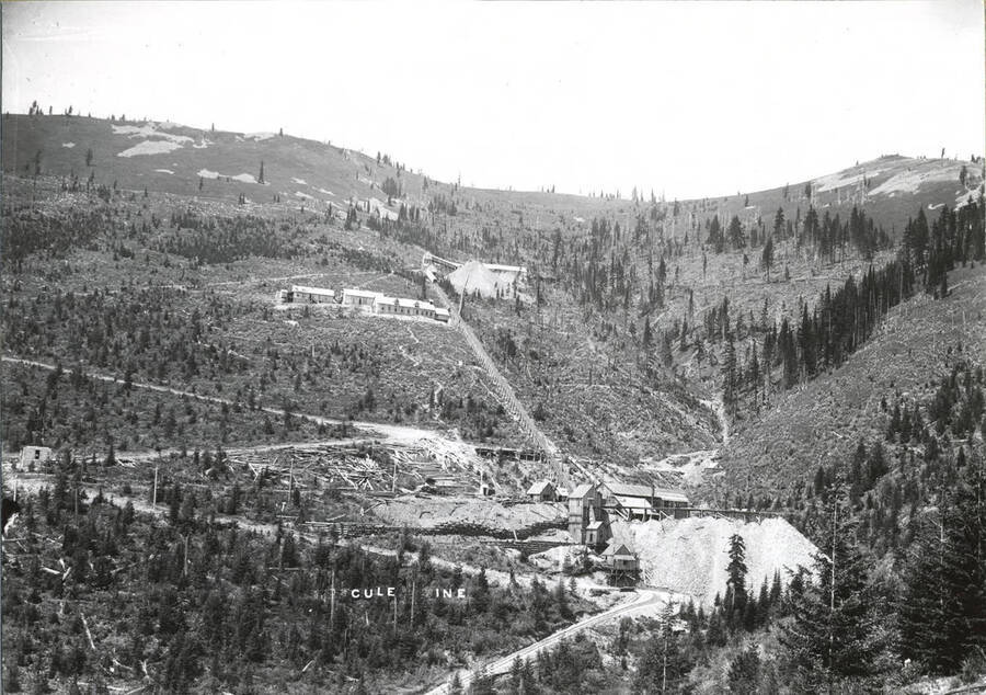 A distant view of the Hercules Mine in Burke, ID, showing surface equipment No.'s 1,2,and 3, as well as tunnels.
