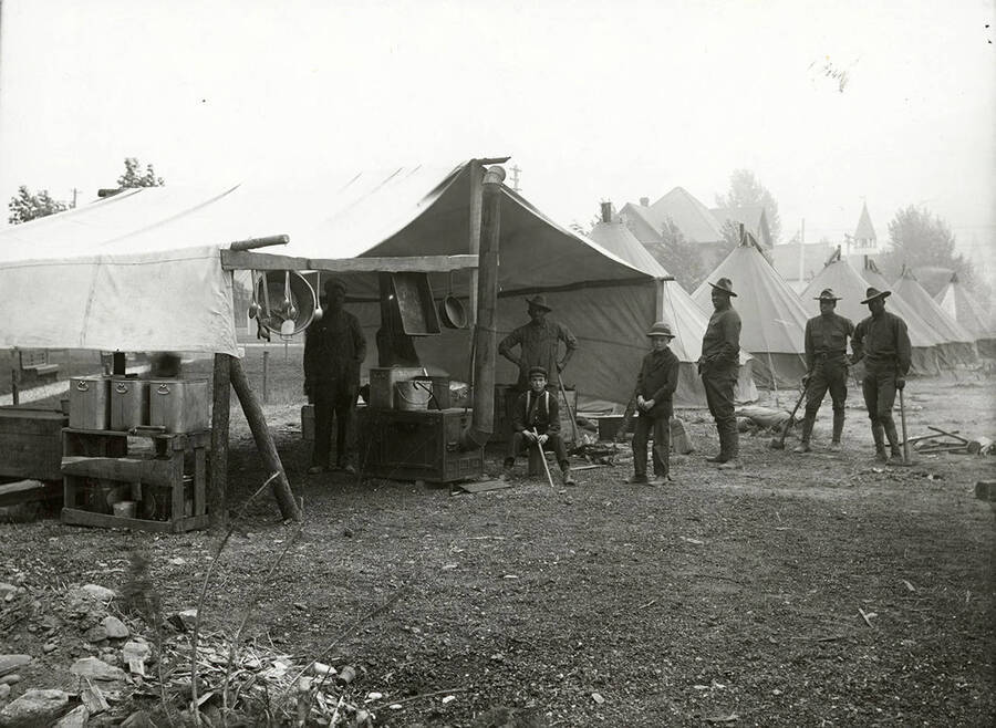 View of a Soldier's Camp in Wallace, Idaho after the "Big Burn" forest fire in 1910.
