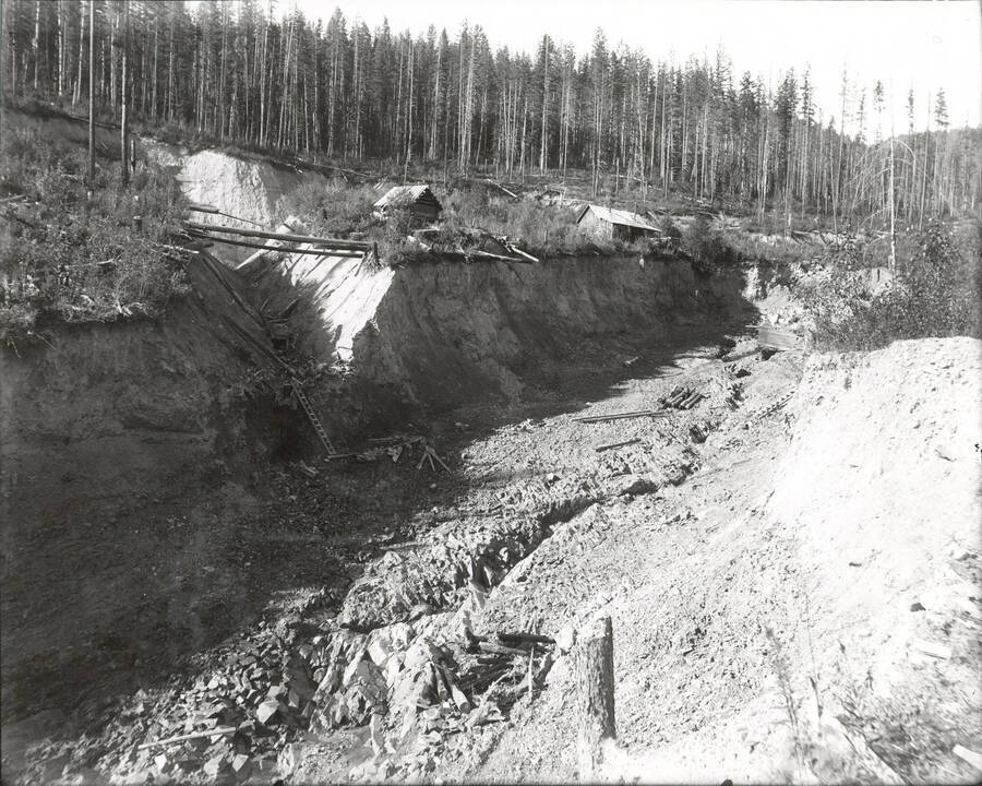 North side, Coeur d'Alene Mining District (Murray area). Several ladders can be seen in the base of the placer.