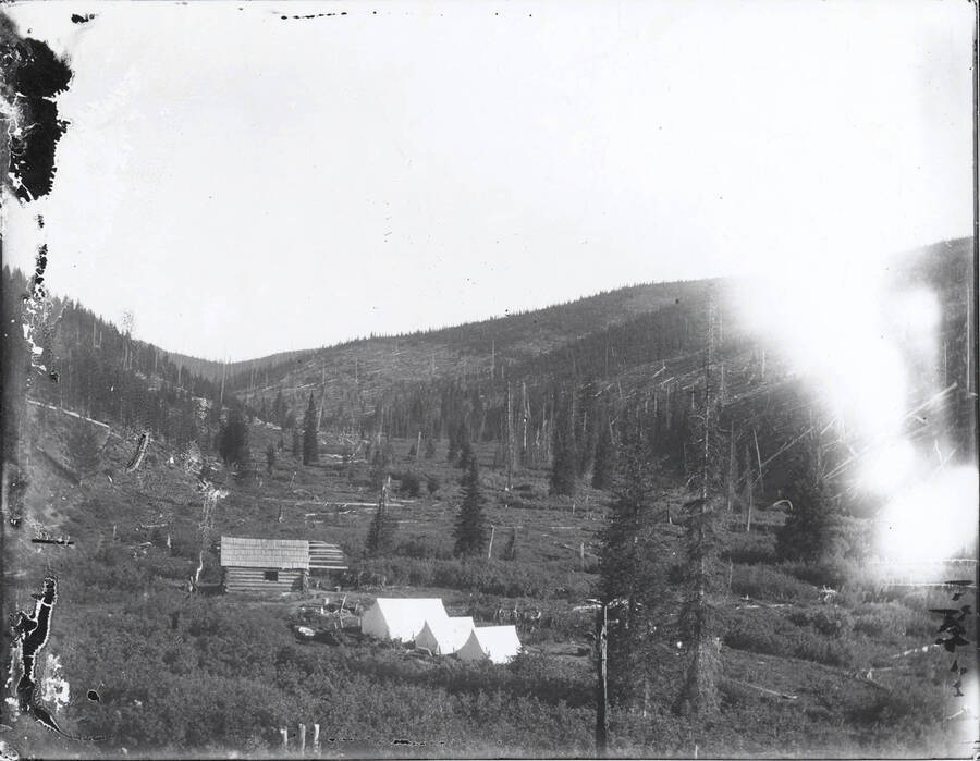 Log cabin and tents, from a distance. Written on the back of the photograph are the names "R.K. Stevenson" and "Henderson." Slight deterioration of the negative along the left side of the glass occurred prior to this photograph being printed.