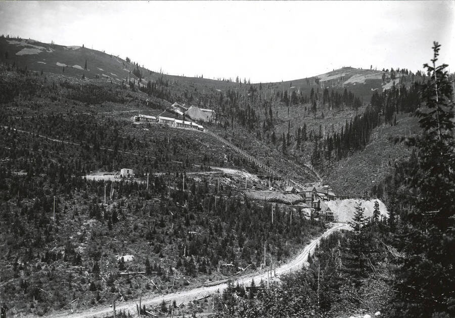 A distant view of the Hercules Mine in Burke, ID, showing surface equipment No.'s 1,2,and 3, as well as tunnels.