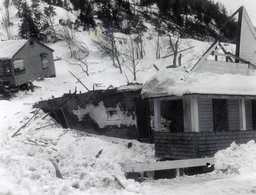 The snow slide that happened near Burke, Idaho on the Wallace side. A few houses can be seen buried in snow.