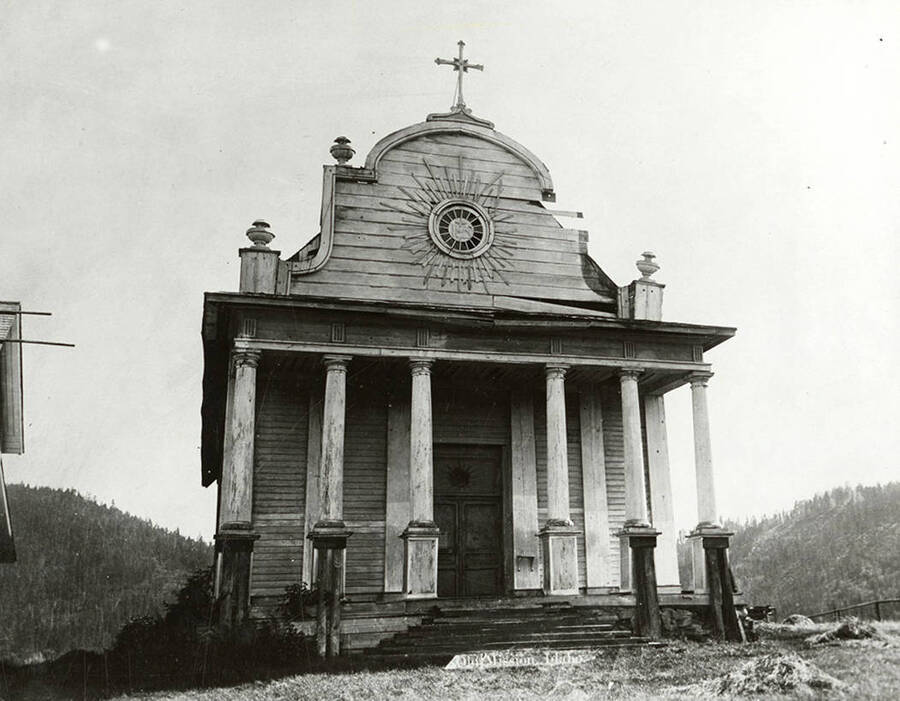 Exterior view of the Coeur d'Alene Mission of the Sacred Heart in Cataldo, Idaho.
