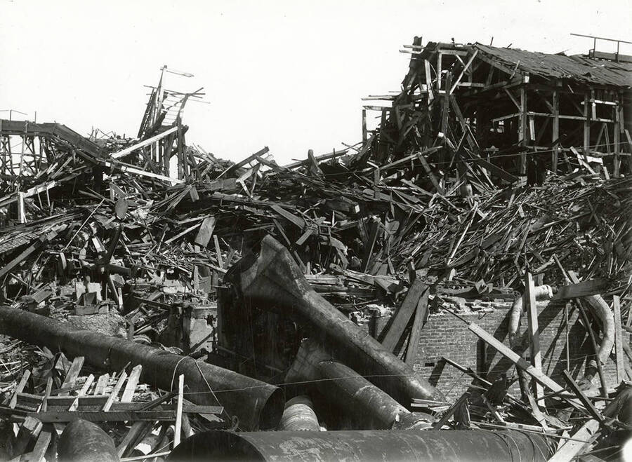 View of Bunker Hill and Sullivan Mill in Wardner, Idaho after the explosion.