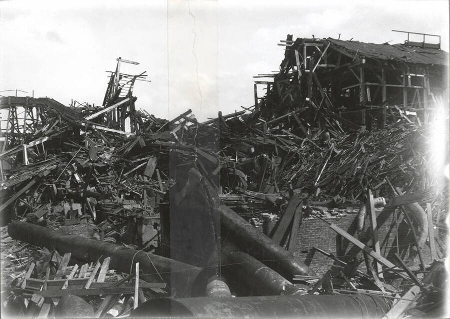 An explosion at Bunker Hill and Sullivan Mill in Wardner, Idaho, left one of the buildings in splinters.