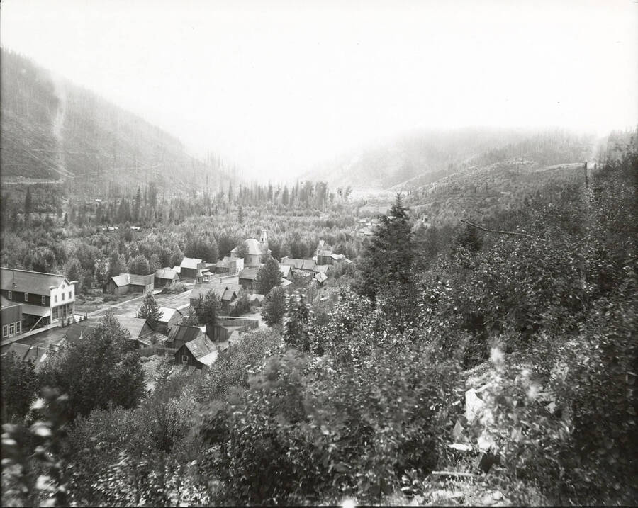 North side, Coeur d'Alene Mining District (Murray area). View from Alder Gulch looking out over the town of Murray, Idaho.