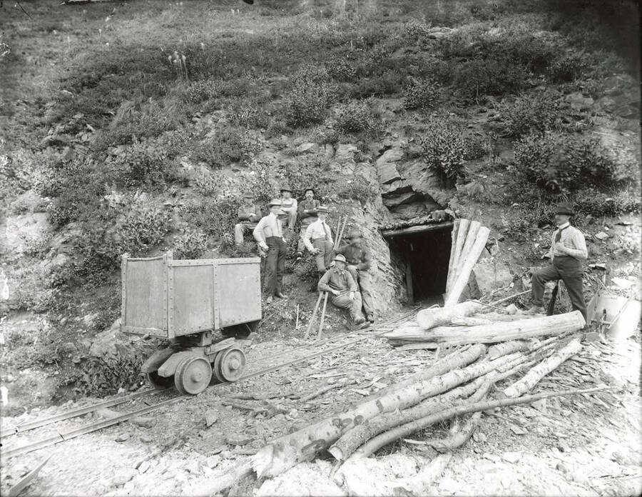 Seven men standing outside of an unidentified mine portal with an ore car on the tracks.