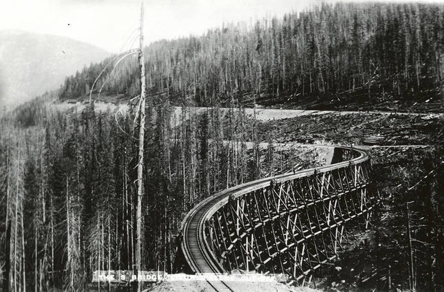View of the S Bridge Trestle above Mullan, Idaho. Written on the bottom: "The S Bridge, Coeur d'Alene Cut-Off." A portion of this trestle was wiped out by a massive snow slide in 1903.