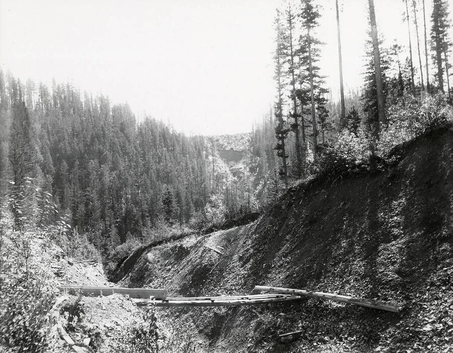View of the Old Wash at the Cougar Gulch Summit. This is located on the north side of the Coeur d'Alene Mining District, in the Murray area. Logs can be seen propped up across the gulch.