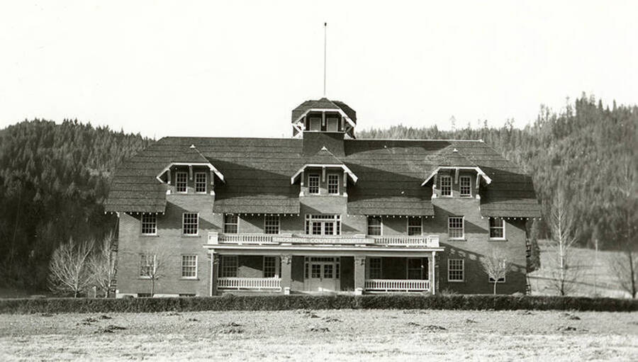 Exterior view of the Shoshone County Hospital in Silverton, Idaho. It is no longer appropriate for use as a hospital. It was purchased by the U.S. Forest Service for office space.