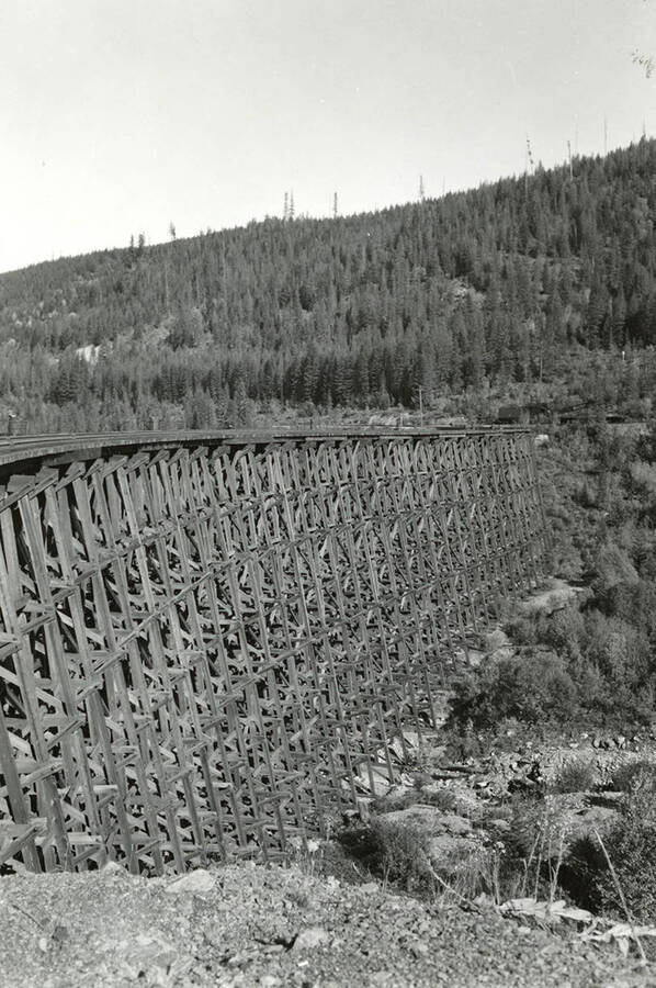 View of the S Bridge Trestle above Mullan, Idaho. A portion of this trestle was wiped out by a massive snow slide in 1903.