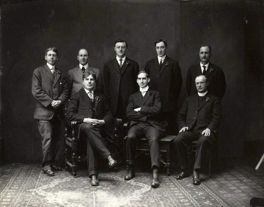 Group photo of the eight men who are part of Council No. 1293 of the Knights of Columbus in Wallace, Idaho.