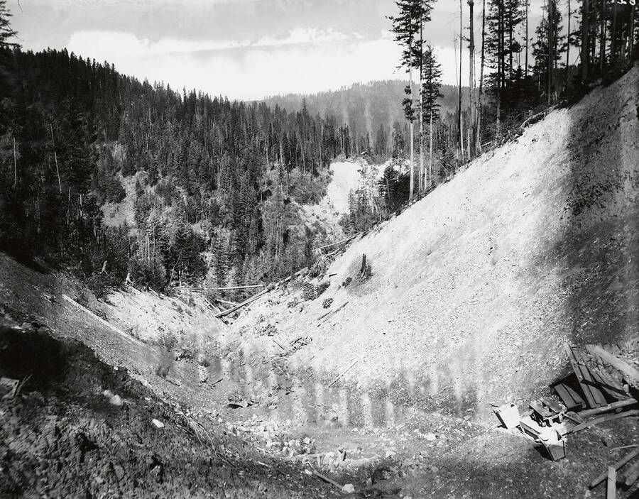 View of the Arizona Company placers. This is located on the north side of the Coeur d'Alene Mining District, in the Murray area.