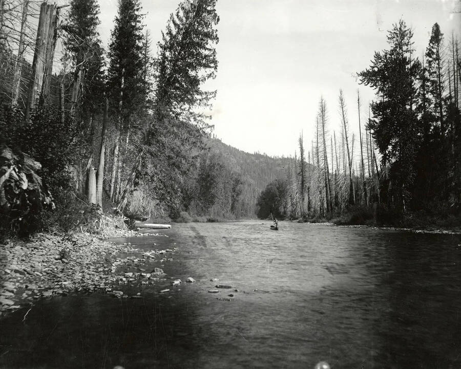 View of a man on a canoe one mile up from North Fork, near the Coeur d'Alene Mining District.